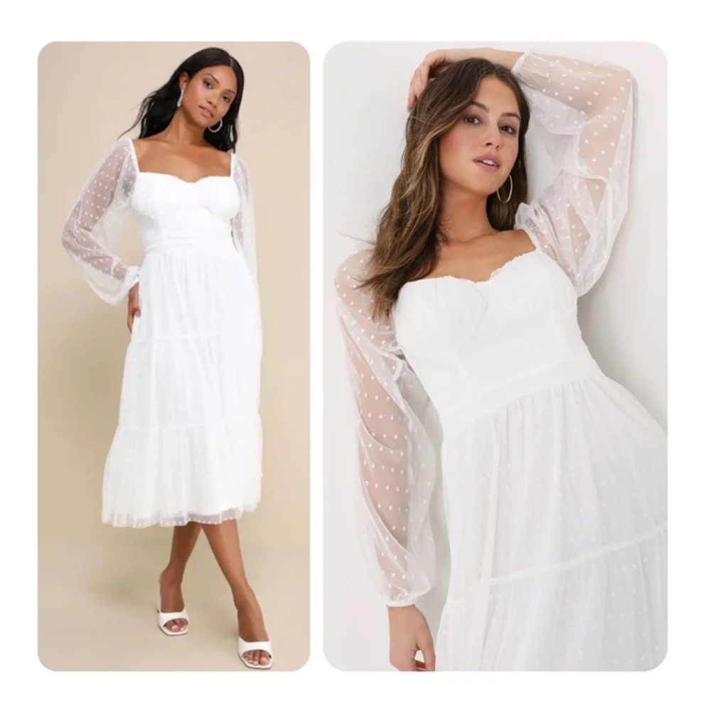 New: Lulus Affectionate Aura White Swiss Dot Tiered Bustier Midi Dress. Size Med